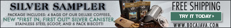 Boca Java's Silver Sampler - Comes with 4 bags of coffee, silver canister, stainless steel scoop, and a 6 pack of biscotti + Free Shipping for only $19.95.